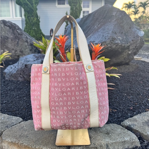 Bvlgari Pink Canvas Logo Mini Tote Bag Leather Trim Made in Italy - Picture 3 of 14